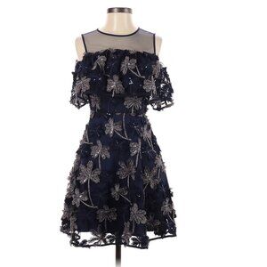 Vivian Women 3D Palm Trees A-Line Dress, Blue and Black, Size XS